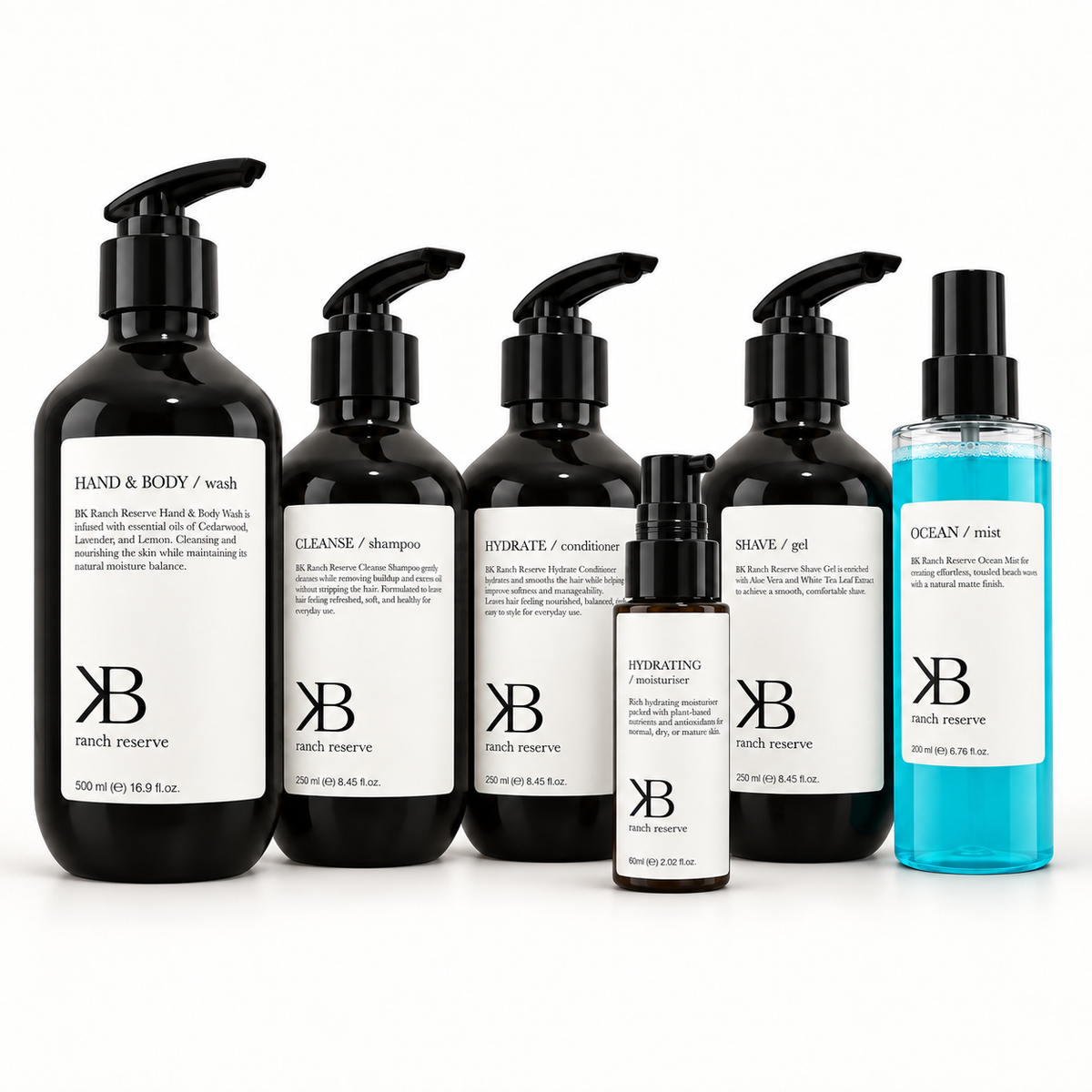 Complete Reserve: all six BK Ranch Reserve products together on white