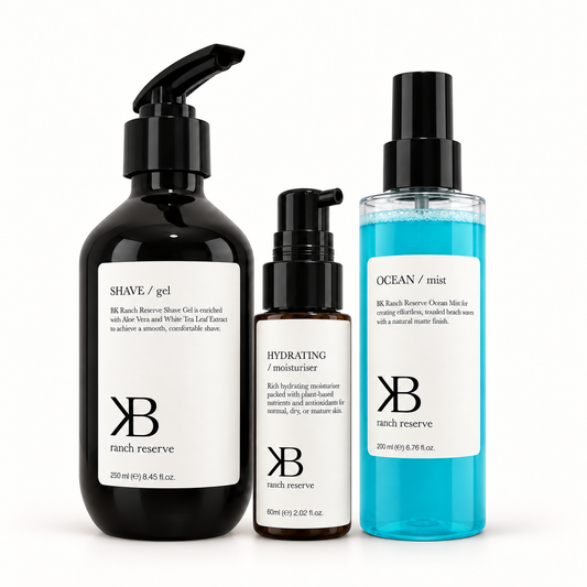 Grooming Set: Shave Gel, Hydrating Moisturiser, and Ocean Mist together on white