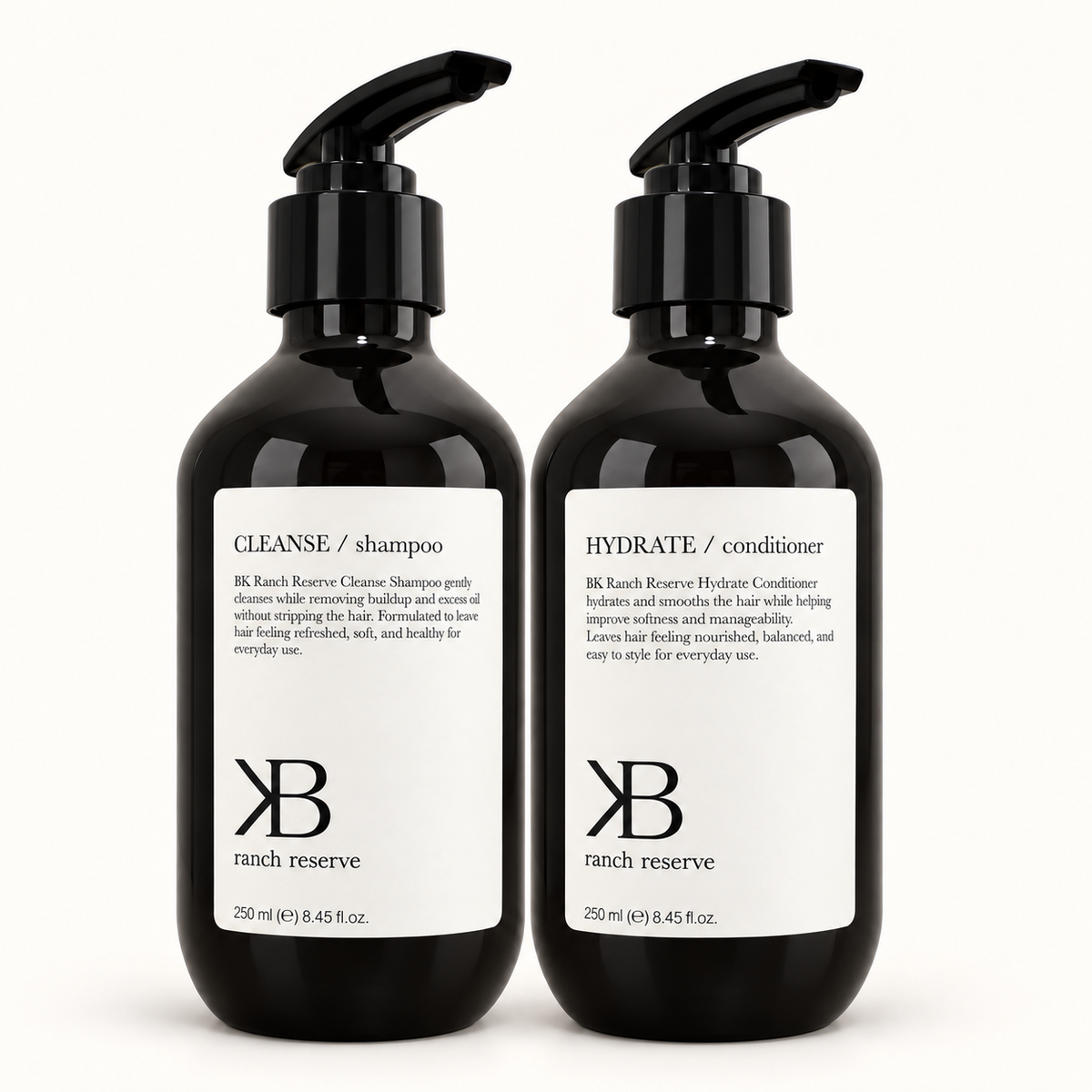 Hair Pair: Cleanse Shampoo and Hydrate Conditioner together on white