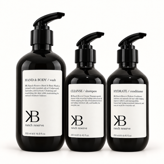 Ranch House Shower Set: Hand & Body Wash, Cleanse Shampoo, and Hydrate Conditioner together on white