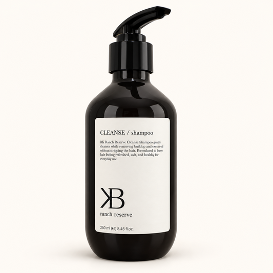 BK Ranch Reserve Cleanse Shampoo, 250 ml black pump bottle on a warm white background.