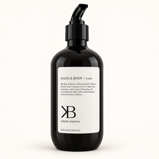 BK Ranch Reserve Hand & Body Wash, 500 ml black pump bottle on a warm white background.