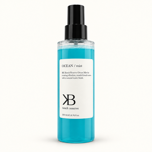 BK Ranch Reserve Ocean Mist, 200 ml bottle with blue styling spray on a warm white background.