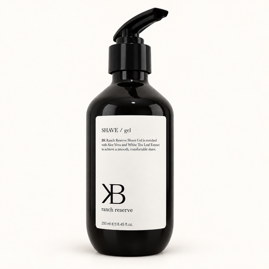 BK Ranch Reserve Shave Gel, 250 ml black pump bottle on a warm white background.