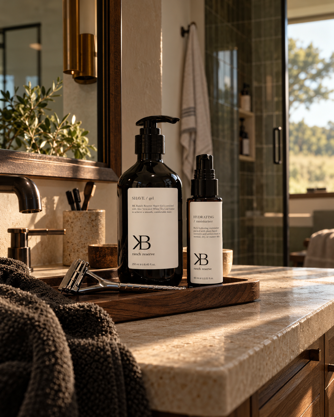 BK Ranch Reserve Shave Gel and Hydrating Moisturiser on a walnut tray beside a green-tiled shower